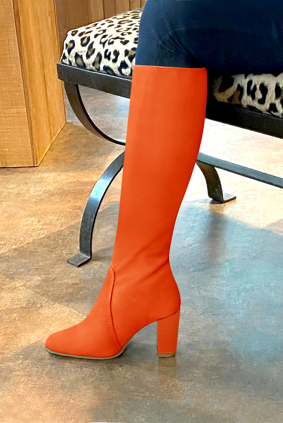 Clementine orange women's feminine knee-high boots. Round toe. High block heels. Made to measure. Worn view - Florence KOOIJMAN